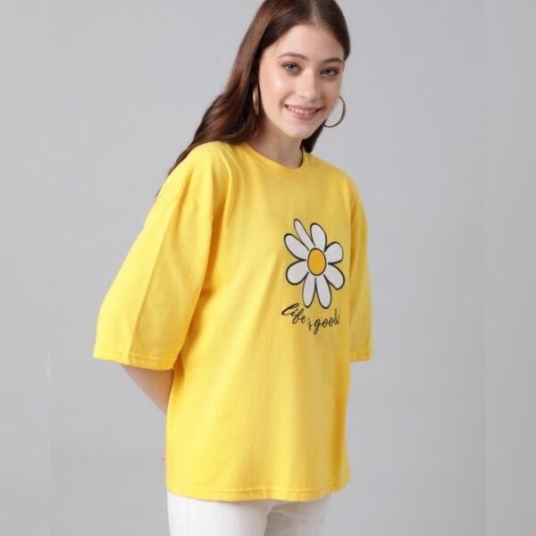 Women Printed, Typography Round Neck Cotton Blend Yellow T-shirt