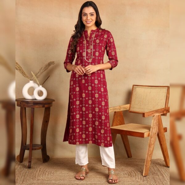 Women Printed Viscose Rayon Straight kurta, Maroon