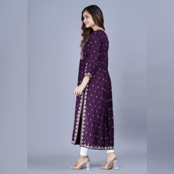 Women Printed Viscose Rayon Trail Cut Kurta, Violet - Image 2