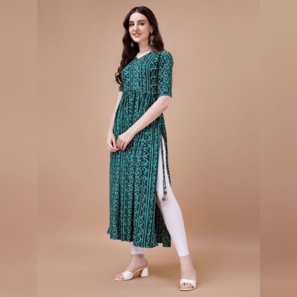 Women Bandhani Polyester Flared Kurta, Green