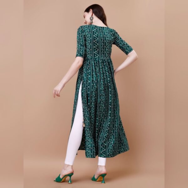 Women Bandhani Polyester Flared Kurta, Green - Image 2