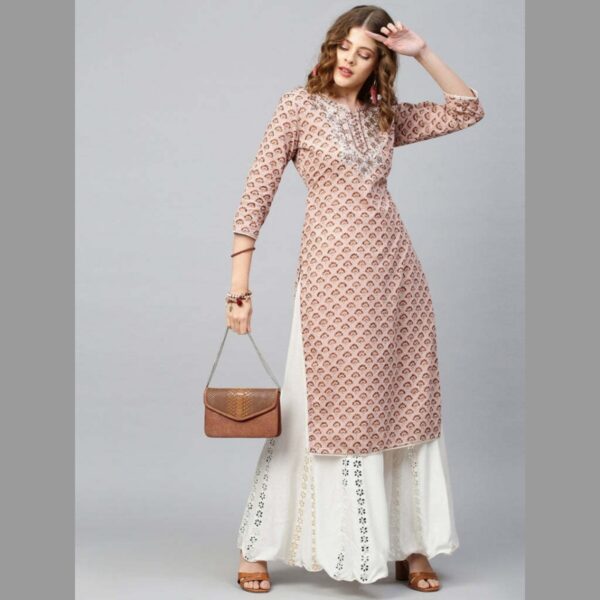 Women Embroidered, printed Viscose Rayon Straight kurta, Brown