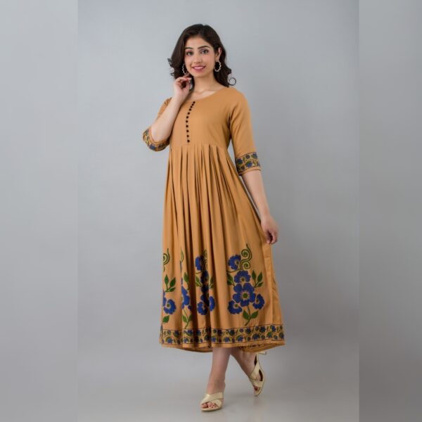 Women, Printed Viscose Rayon Flared Kurta, Beige