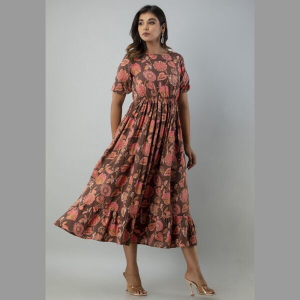 Women Floral Print Viscose Rayon Flared Kurta, Brown