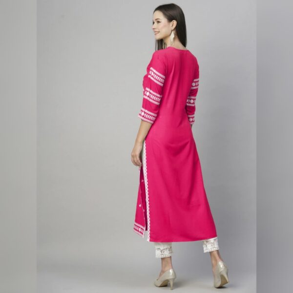 Women Embroidered, self design Viscose Rayon Straight kurta, Pink - Image 2