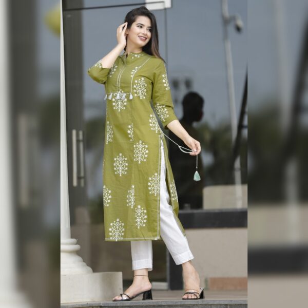 Women Printed, self-design Pure cotton, Straight kurta, Green