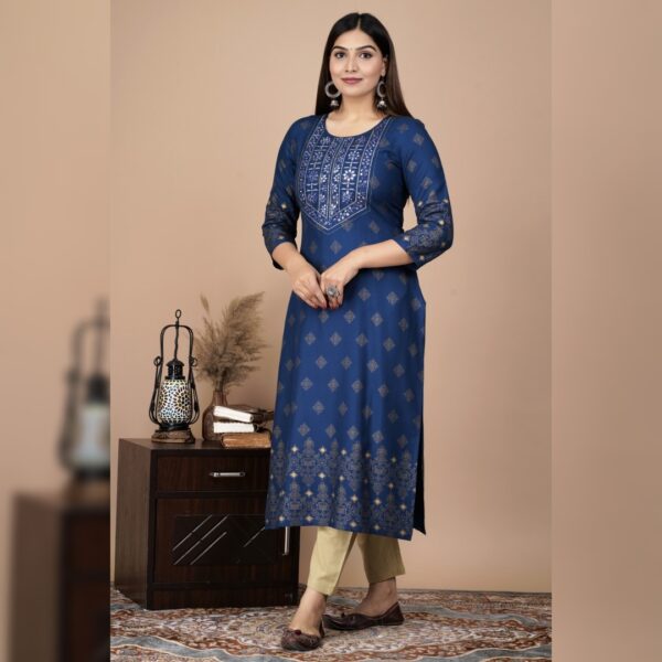 Women Embroidered Cotton Rayon, Straight kurta, Blue