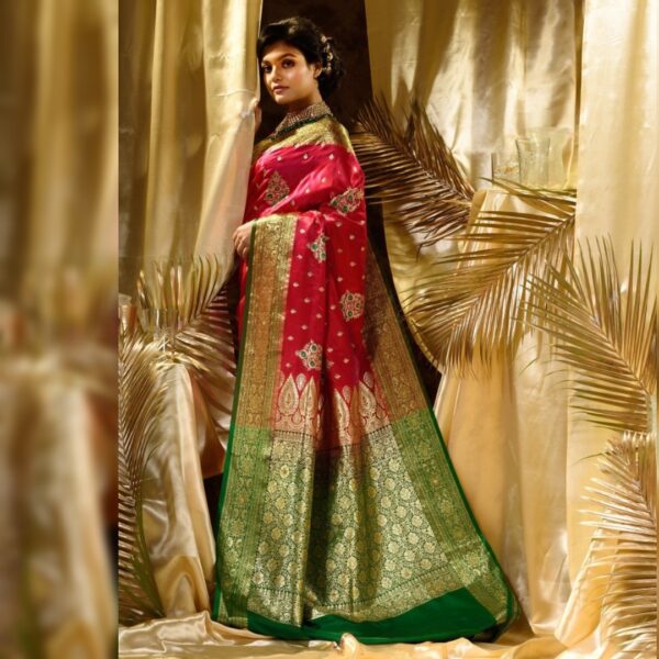 Embroidered Banarasi, Satin Saree, Multicolor - Image 2