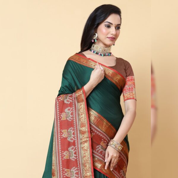 Temple Border, Woven Narayanpet Cotton Silk Saree, Green - Image 2