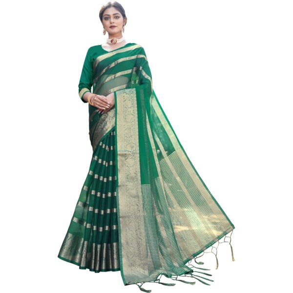 Woven Bandhani Organza Saree, Green - Image 2