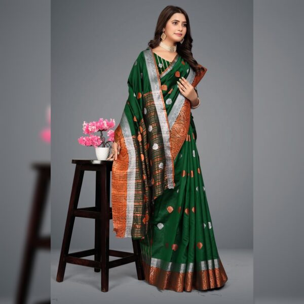 Woven Maheshwari Cotton Silk Saree, Green - Image 2