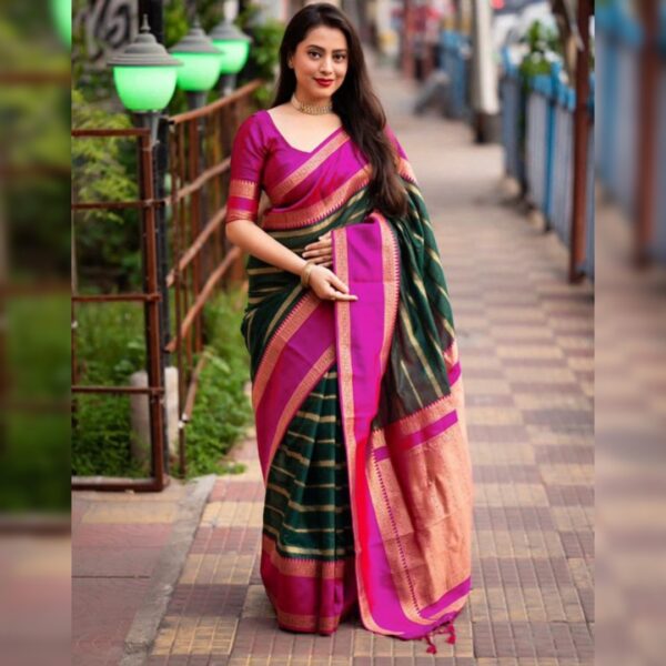 Woven Embellished Self Design Banarasi Silk Blend Saree, Green Pink