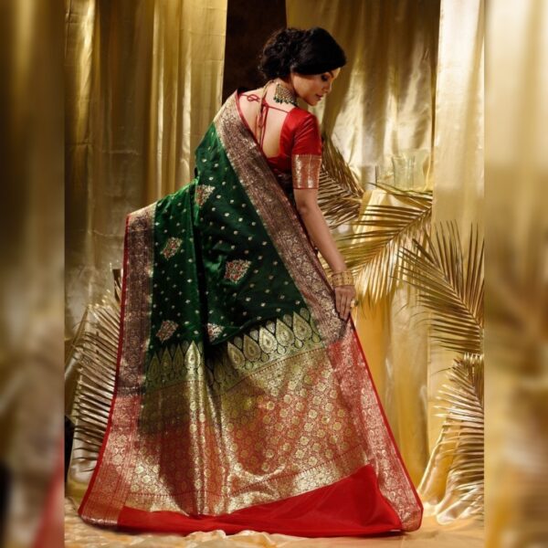 Embroidered Banarasi Satin Saree, Green - Image 2