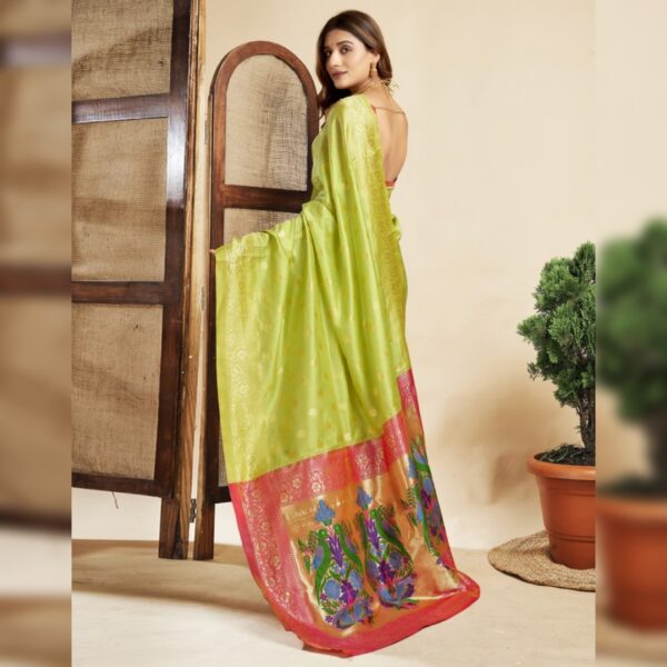 Woven Embellished Paithani Silk Blend Saree, Light Green and Pink