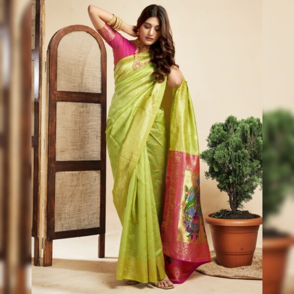 Woven Embellished Paithani Silk Blend Saree, Light Green and Pink - Image 2