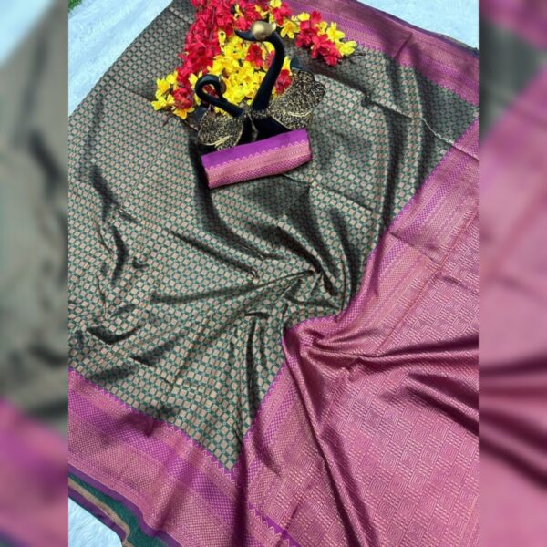 Woven Banarasi Art Silk Saree, Purple, Green - Image 2