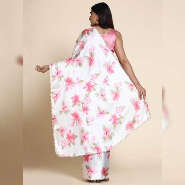 Floral Print Bollywood Satin Saree, White - Image 2