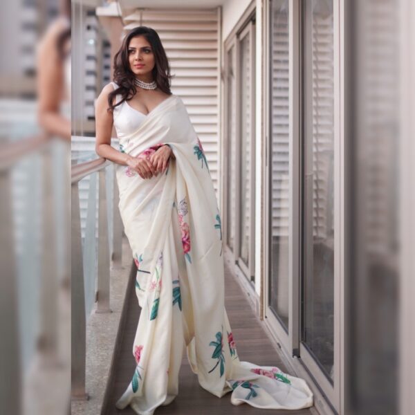 Floral Print Bollywood Satin Saree, White