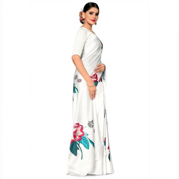 Floral Print Bollywood Satin Saree, White - Image 2