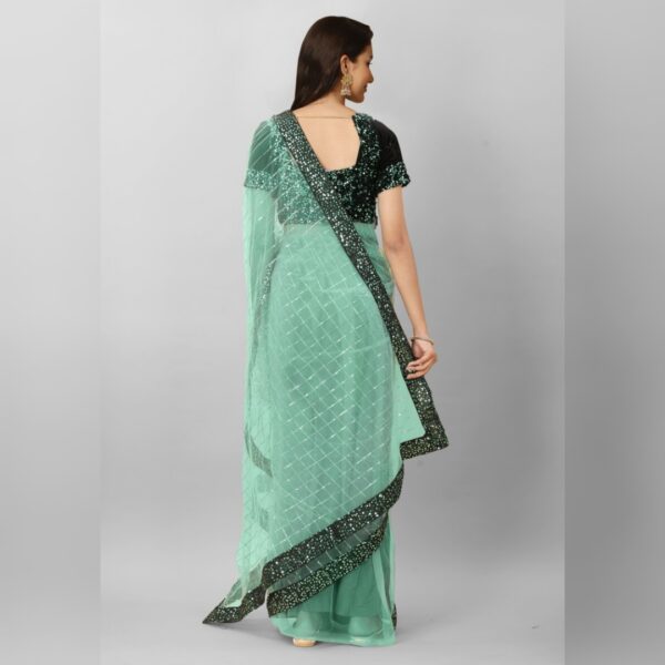 Embroidered Bollywood Supernet Saree, Light Green - Image 2