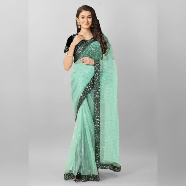 Embroidered Bollywood Supernet Saree, Light Green