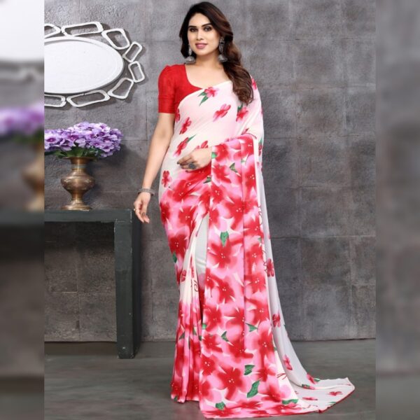 Floral Print Daily Wear Georgette Saree, Red Pink White