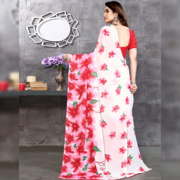 Floral Print Daily Wear Georgette Saree, Red Pink White - Image 2