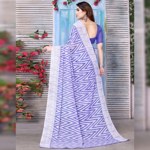 Chevron Print, Daily Wear Georgette Saree , Purple White - Image 2