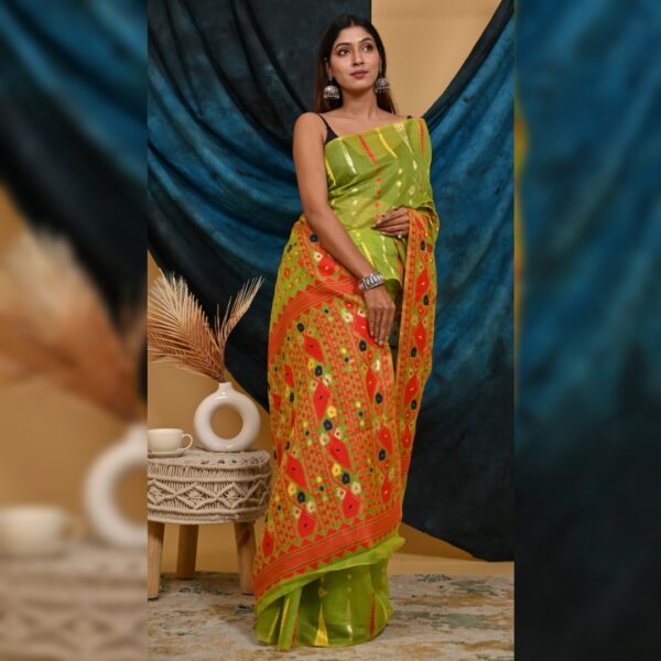 Temple Border Banarasi Cotton Linen Saree, Green - Image 2