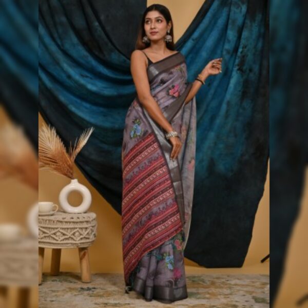 Digital Print Daily Wear Cotton Linen Saree, Grey - Image 2