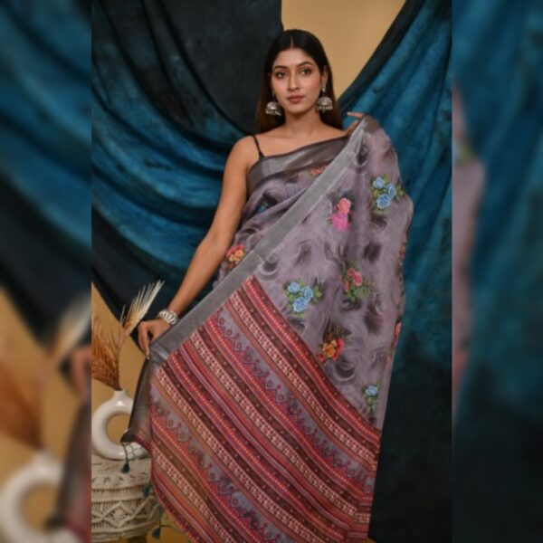 Digital Print Daily Wear Cotton Linen Saree, Grey