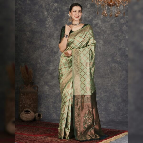 Embellished Banarasi Silk Blend Jacquard Saree, Light Green and Gold - Image 2