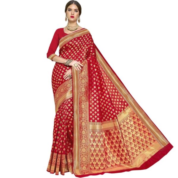 Woven Banarasi Silk Blend, Jacquard Saree, Red - Image 2