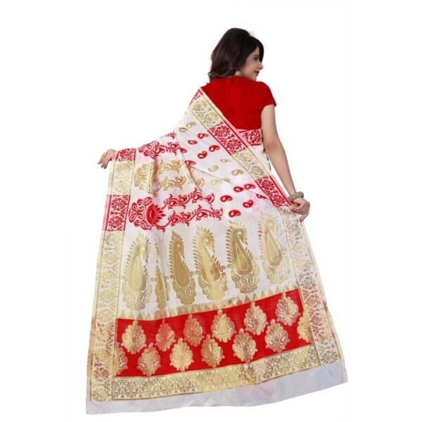 Self Design Bollywood Cotton Blend Saree, Red and White - Image 2