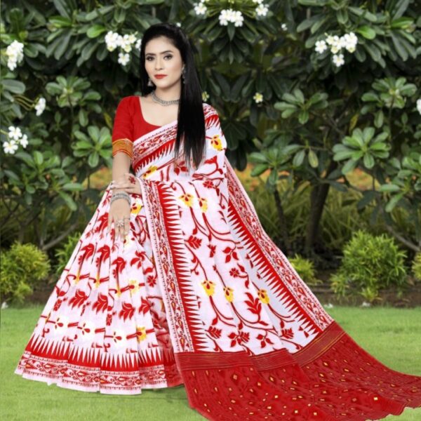 Floral Print Jamdani Cotton Silk Saree, Red and White