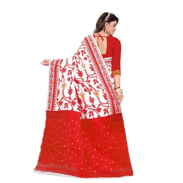 Floral Print Jamdani Cotton Silk Saree, Red and White - Image 2