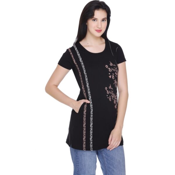 Women Printed Round Neck Cotton Blend Black T-shirt