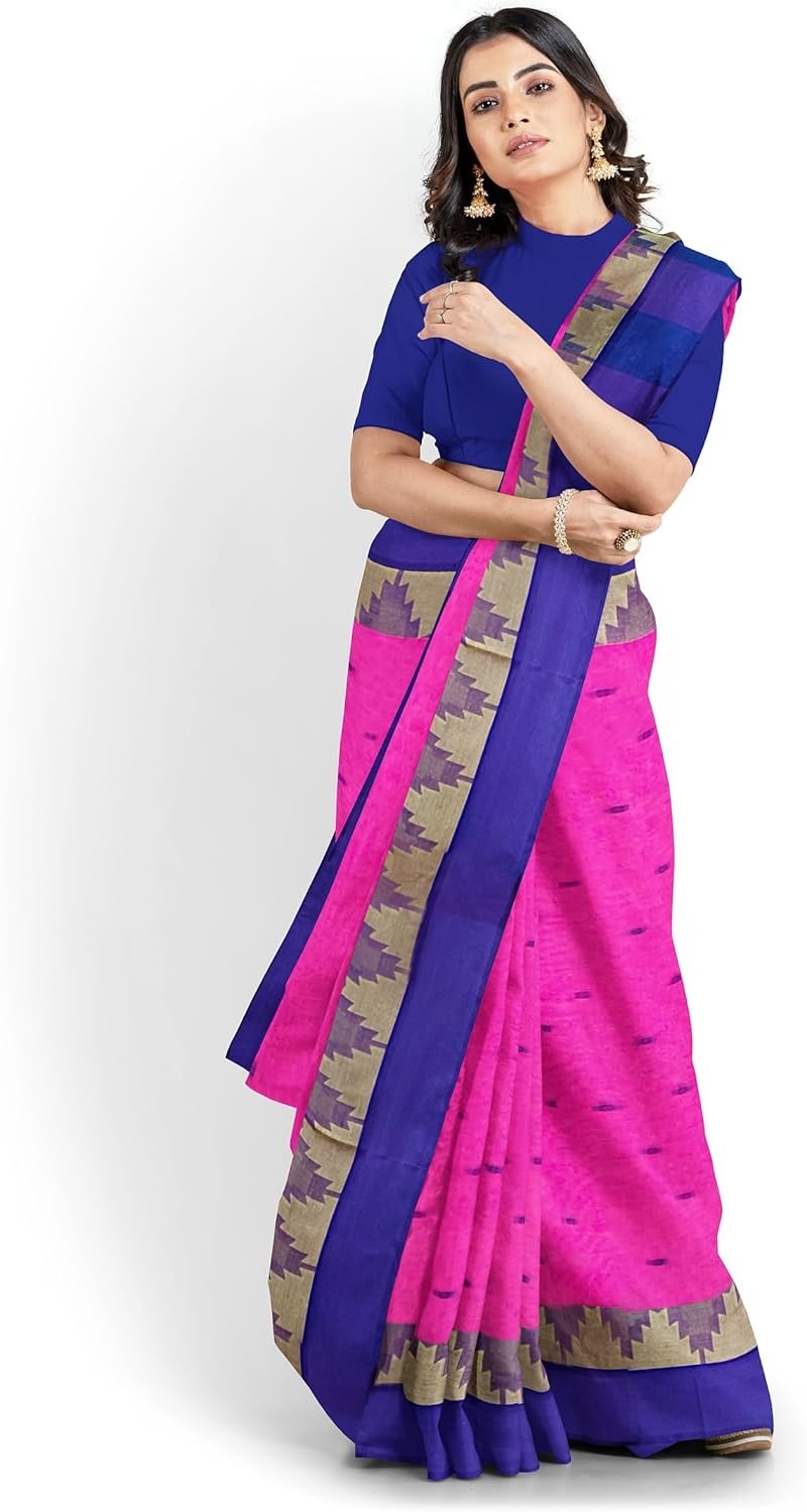 Women's Traditional Bengal Tant Pure Cotton Tant Saree Without Blouse Piece Color
pink with blue border - Image 2