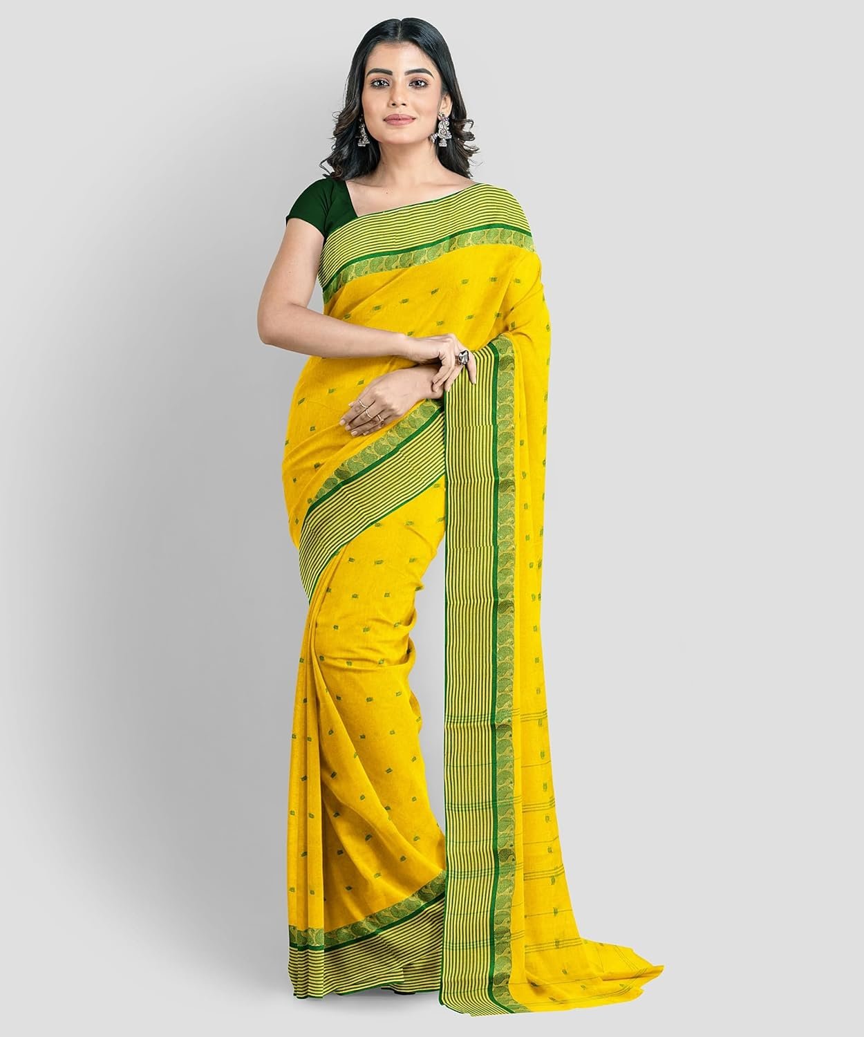 Women's Traditional Bengal Tant Pure Cotton Tant Saree Without Blouse Piece Color
yellow and green border