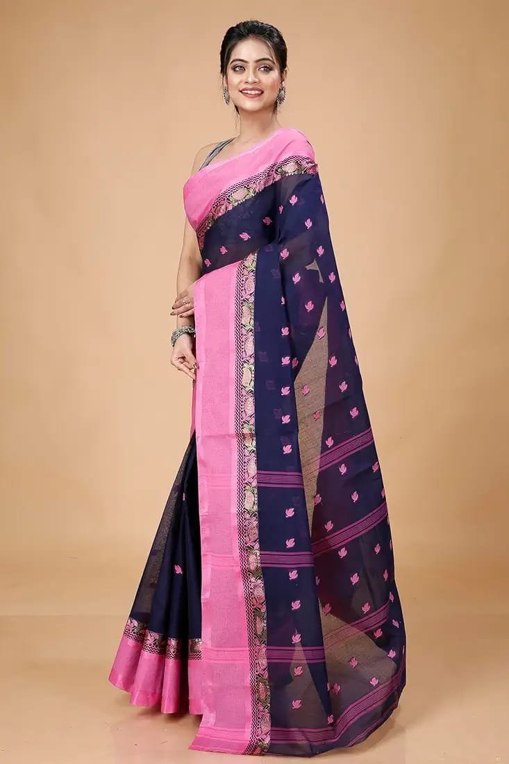 Women's Traditional Bengal Tant Pure Cotton Tant Saree Without Blouse Piece Color
navy blue and pink border