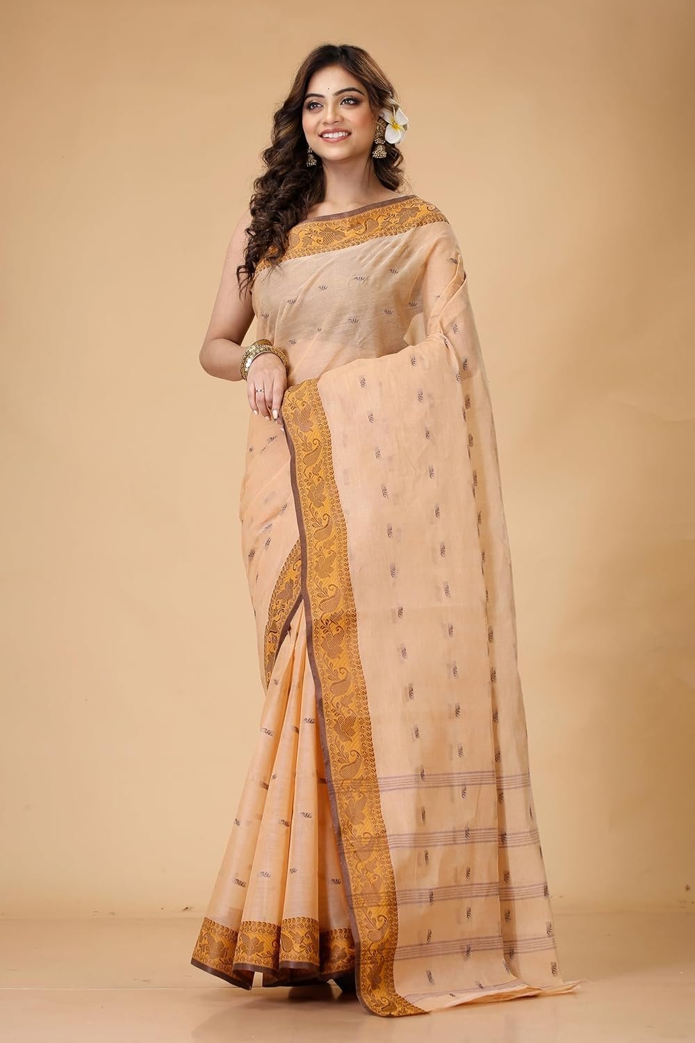 Women's Traditional Bengal Tant Pure Cotton Tant Saree Without Blouse Piece Color
golden and brown