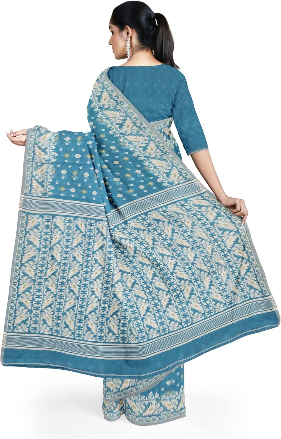 Women's Dhakai Jamdani Bengal Pure Cotton Handloom Saree without Blouse Piece colour
light blue - Image 2