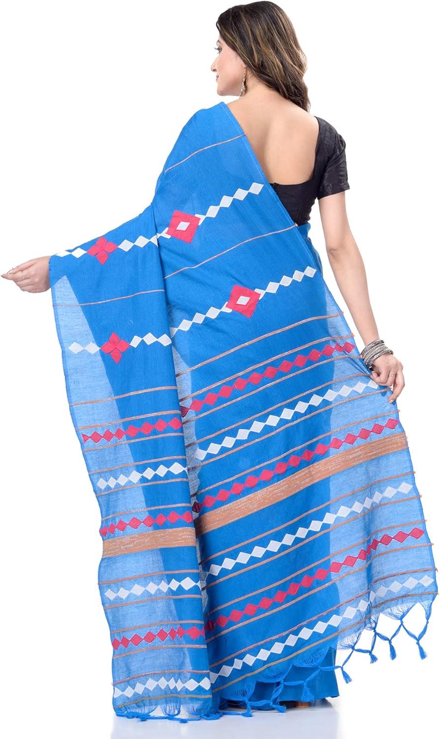 Women's Dhakai Jamdani Bengal Pure Cotton Handloom Saree without Blouse Piece colour
blue - Image 2