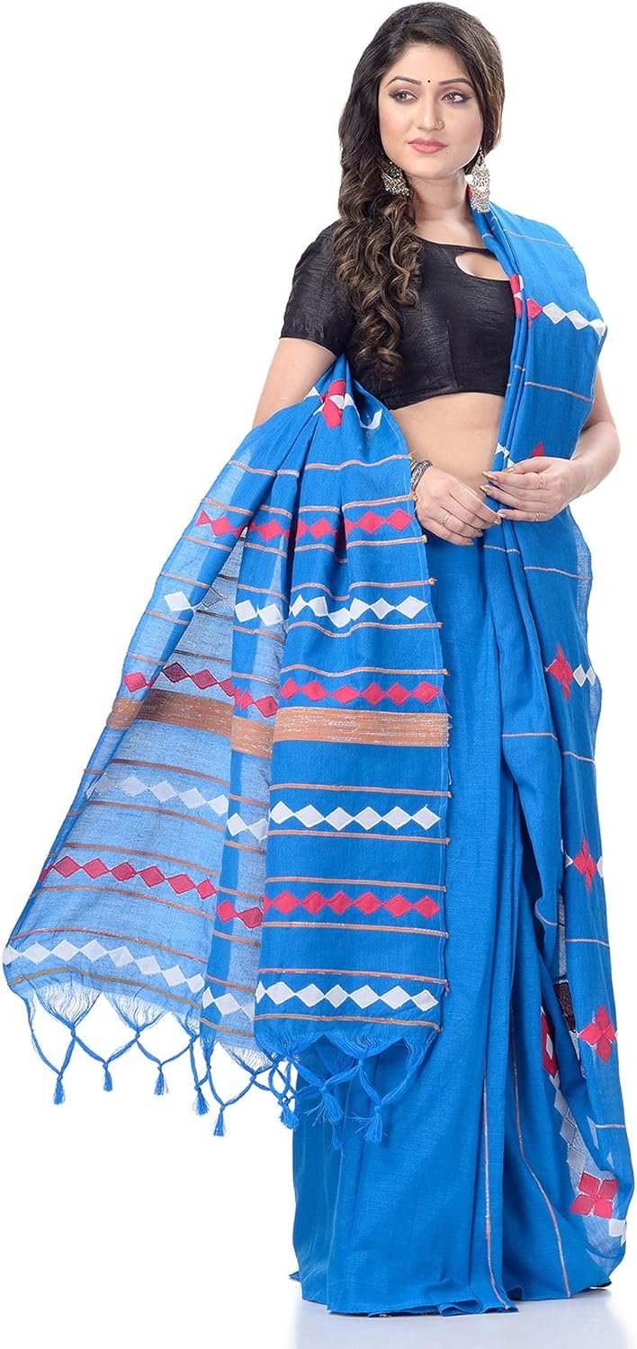 Women's Dhakai Jamdani Bengal Pure Cotton Handloom Saree without Blouse Piece colour
blue