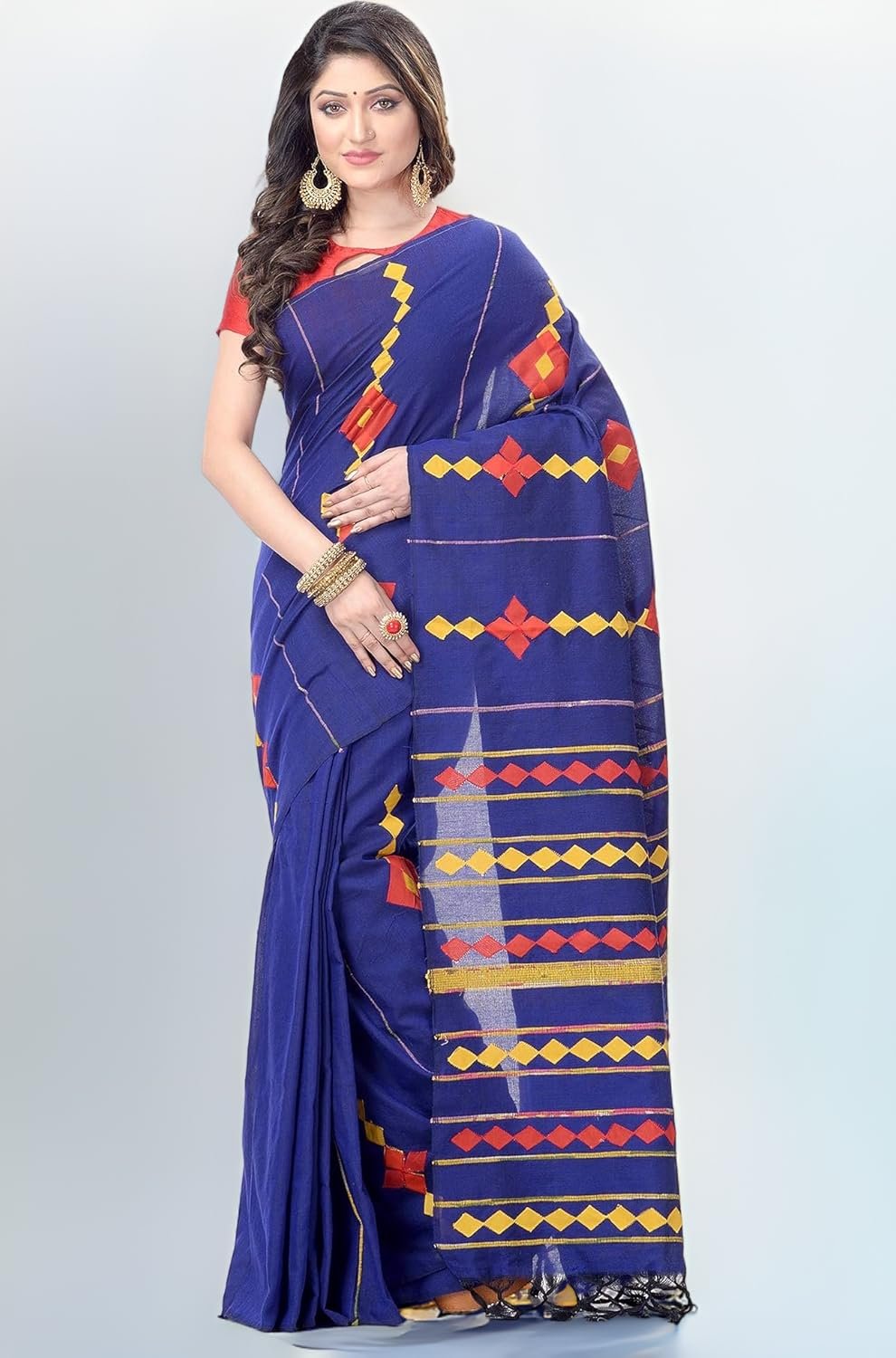 Women's Dhakai Jamdani Bengal Pure Cotton Handloom Saree without Blouse Piece colour
royal blue