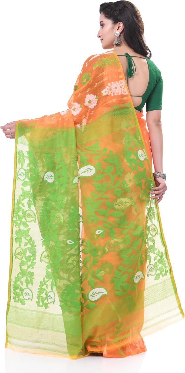 Women's Dhakai Jamdani Bengal Pure Cotton Handloom Saree without Blouse Piece colour
orange and green - Image 2