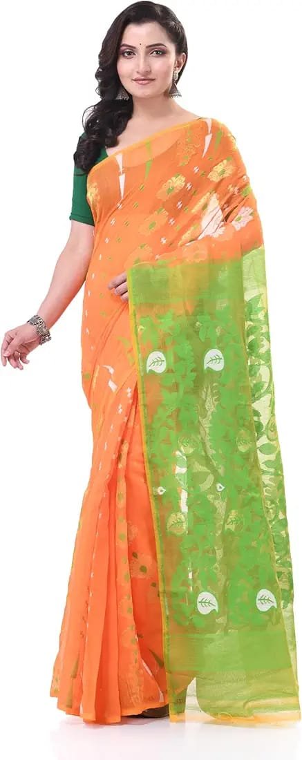 Women's Dhakai Jamdani Bengal Pure Cotton Handloom Saree without Blouse Piece colour
orange and green