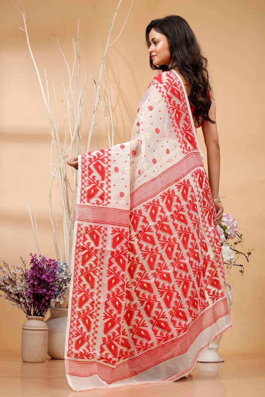 Women's Dhakai Jamdani Bengal Pure Cotton Handloom Saree without Blouse Piece colour
white and red - Image 2
