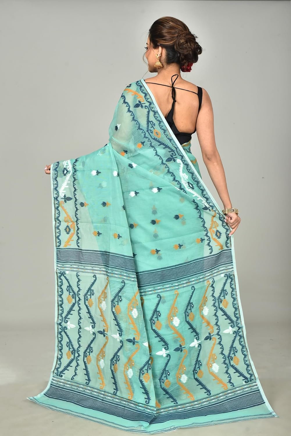 Women's Dhakai Jamdani Bengal Pure Cotton Handloom Saree without Blouse Piece colour
sea green - Image 2