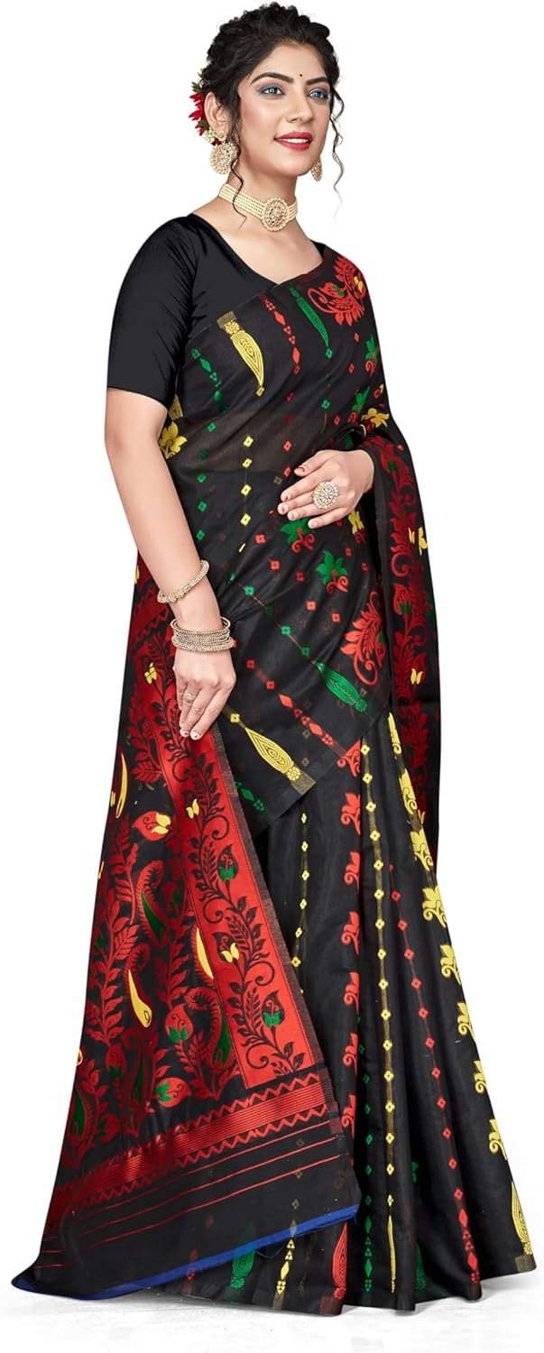 Women's Dhakai Jamdani Bengal Pure Cotton Handloom Saree without Blouse Piece colour
black, featuring vibrant red, green, and yellow motifs